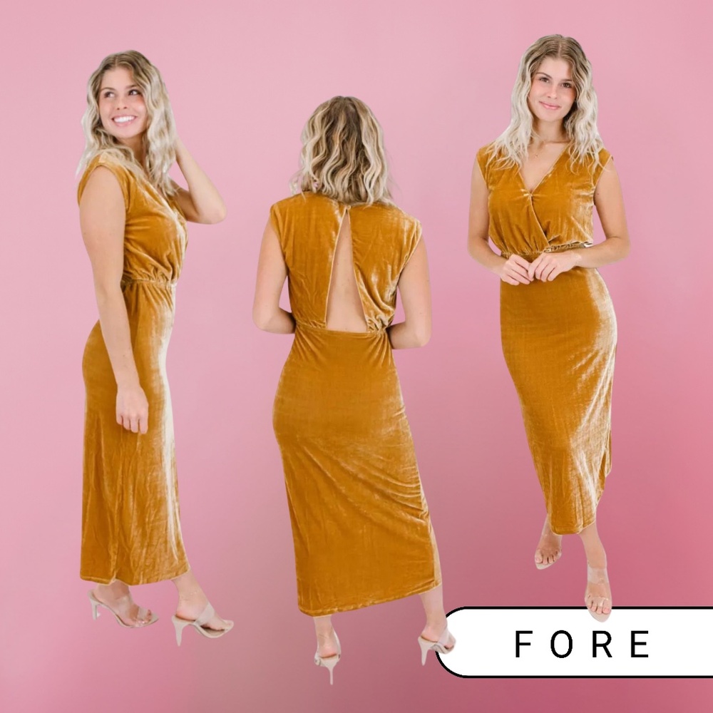 NWT - FORE Mustard Yellow Open Back Velvet Midi Dress - Size Large
